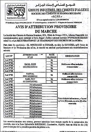 AVIS D'ATTRIBUTION PROVISOIRE AONR N07-SCM-SCHB-2020 • S.C.H.B